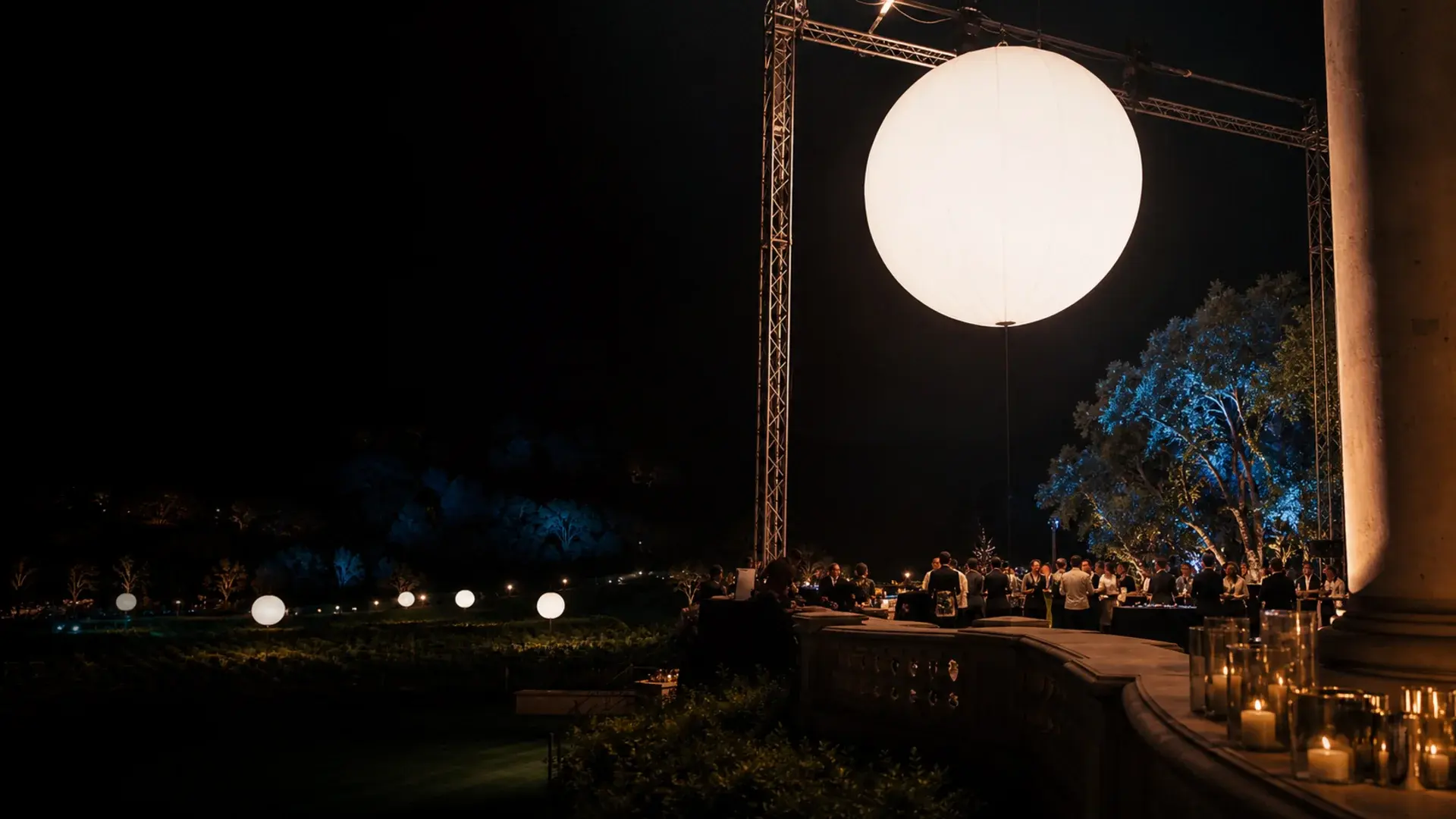 Concept visualization of a luminous sphere creating atmosphere over an evening event